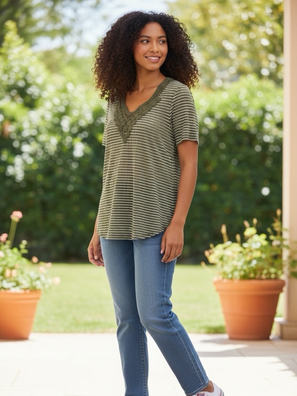 Rafaella Olive and White Striped Crochet V-Neck Short Sleeve Top L